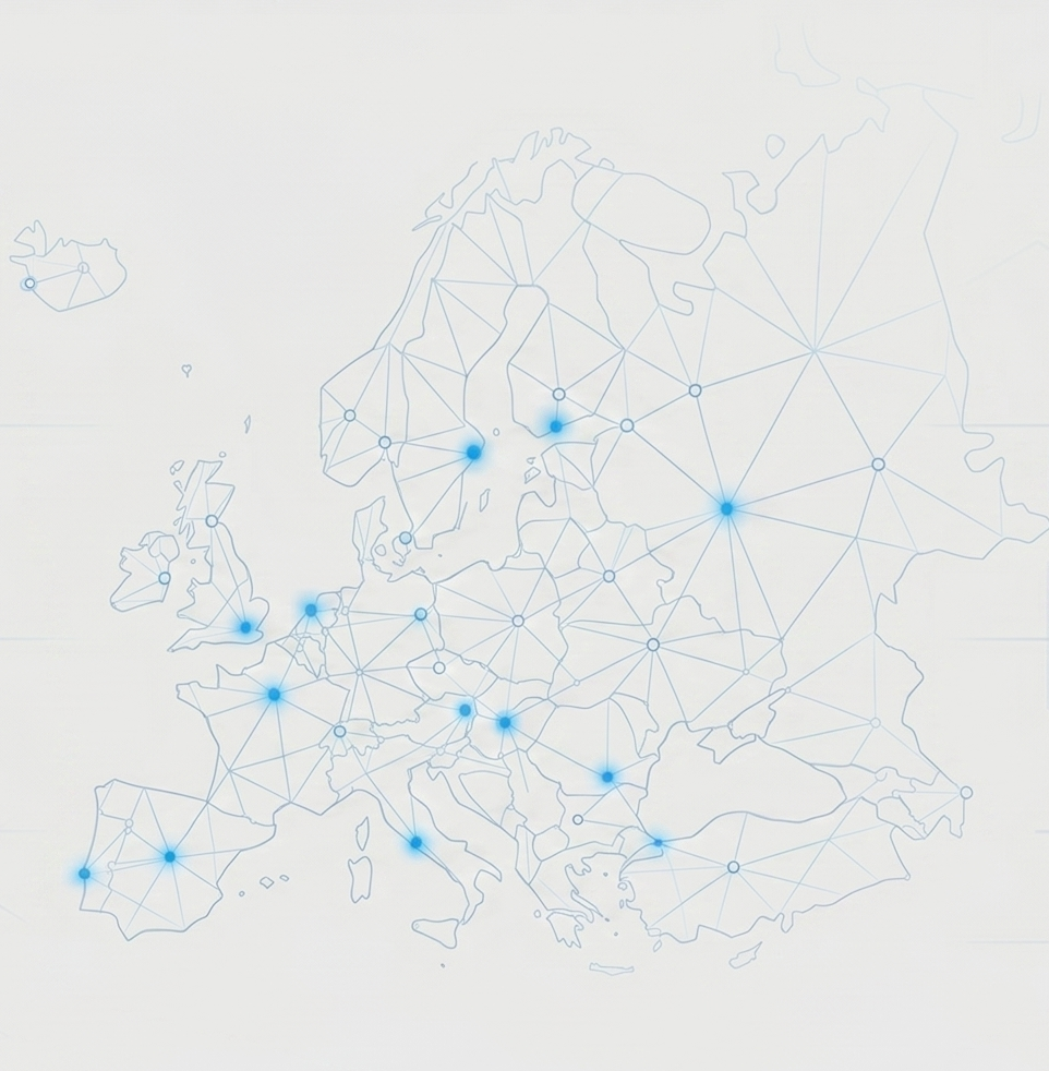 Card of Europe showing MeshCore Hubs around the continent